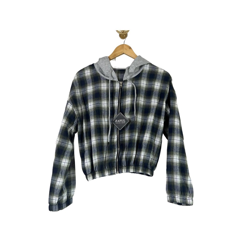 ZAFUL Women's Cropped Plaid Lightweight Hooded Jacket Green Blue M